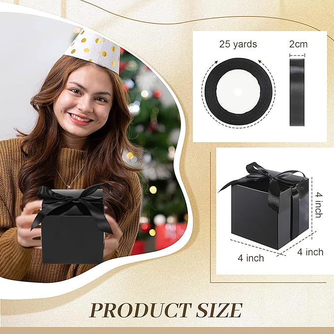 48 Pcs Christmas Gift Boxes with Ribbon Small Party Favor Boxes with Lids Mini Treat Candy Container for Wedding, Party, Birthday, Valentine's Day and More(Black,4 Inch)