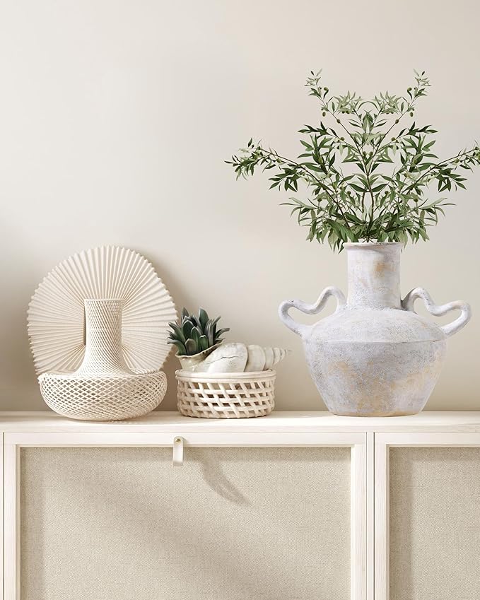 UPWOIGH Ceramic Flower Vase, 9.3 inch Tall Off-White Farmhouse Rustic Vase, Handcrafted Weathered Handles Pottery Vases, Large Flower Terracotta Vases for Home Decor, Living Room, Table, Shelf