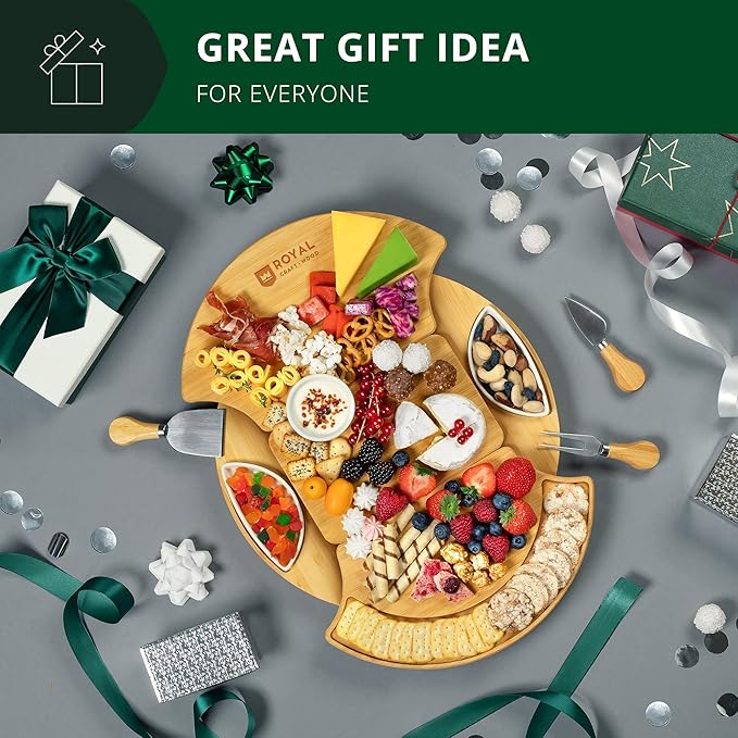 ROYAL CRAFT WOOD Large Round Cheese Board and Knife Set - Charcuterie Board, Bamboo Cheese Board Set, Cheese Tray Set, Wooden Cheese Plate Set 13.7 Inch