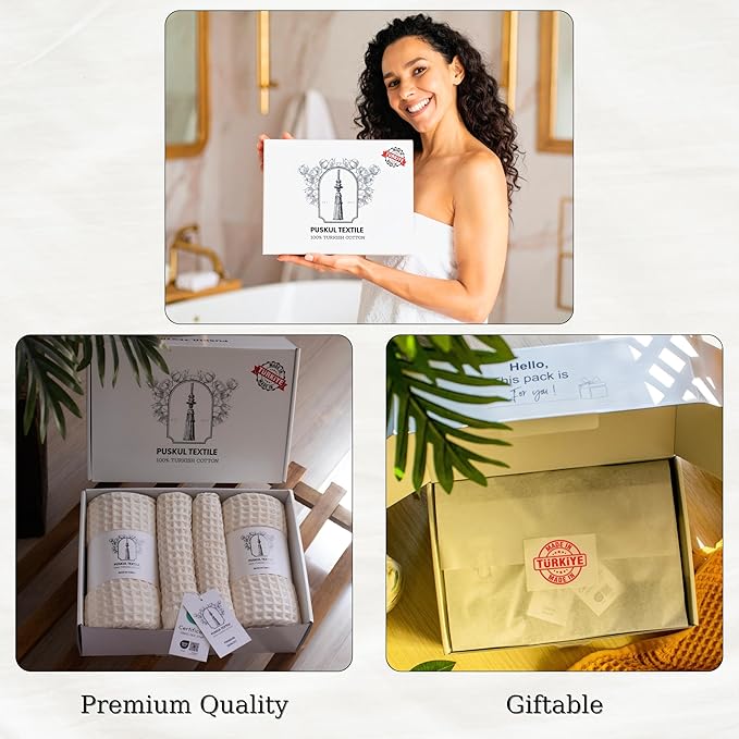 PÜSKÜL - Premium Waffle Towel Set 4 Pieces Natural Raw - Organic 100% Turkish Cotton Quick-Dry Towels for Bathroom Made in Turkiye (Natural Beige, Towel Set - 2 Hand & 2 Bath Towels)