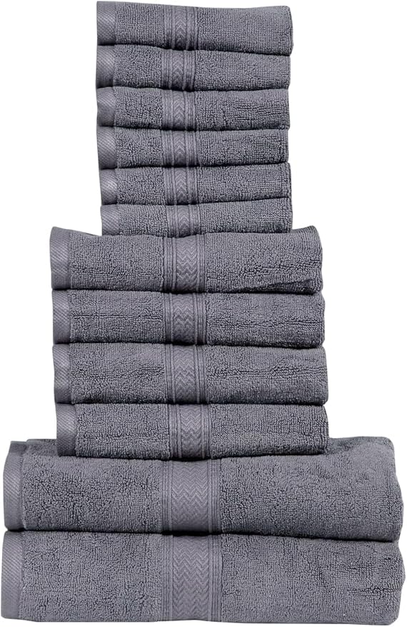 Hillfair 12 piece 600 GSM Cotton Bath Towels - Hotel Spa Quality - 2 Bath, 4 Hand, 6 Washcloths - Absorbent Super Soft Grey Cotton Set