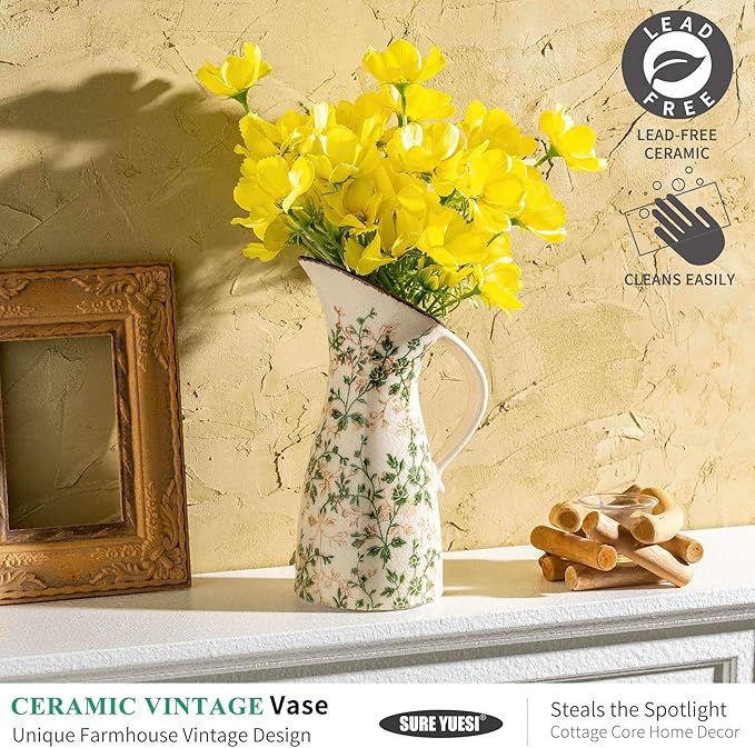 Vintage Ceramic Pitcher Vase with Handle, Farmhouse Green and Beige Large Floral Vases, Chinoiserie Decorative Vase, Rustic Table Centerpiece for Home Decor Living Room, Bookshelf, Office 10.5 Inch