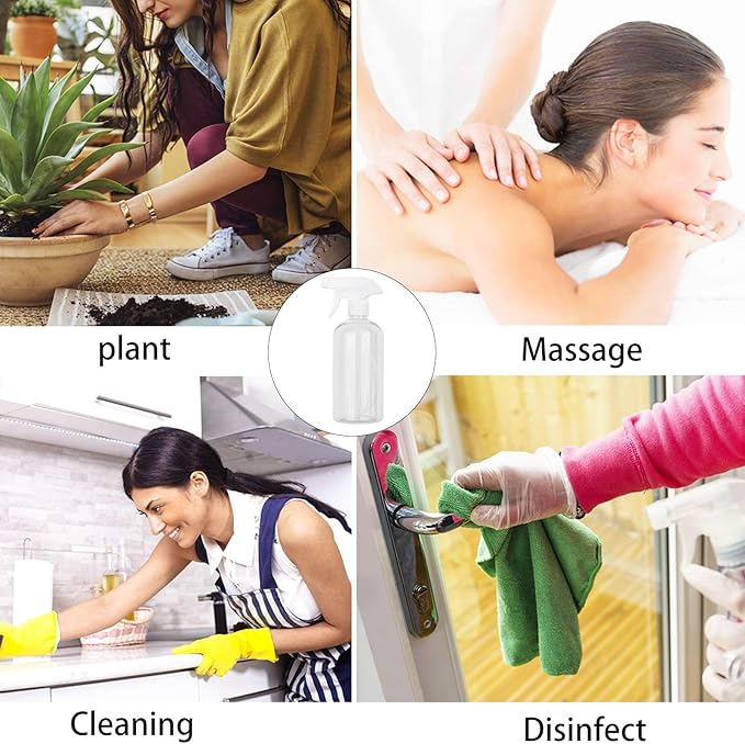 UUJOLY 17 oz Plastic Spray Bottle Trigger Empty Spray Bottles Clear Refillable Container for Water, Essential Oils, Hair, Cleaning Products, Adjustable Head Sprayer and Stream (4 Pack/500ml)