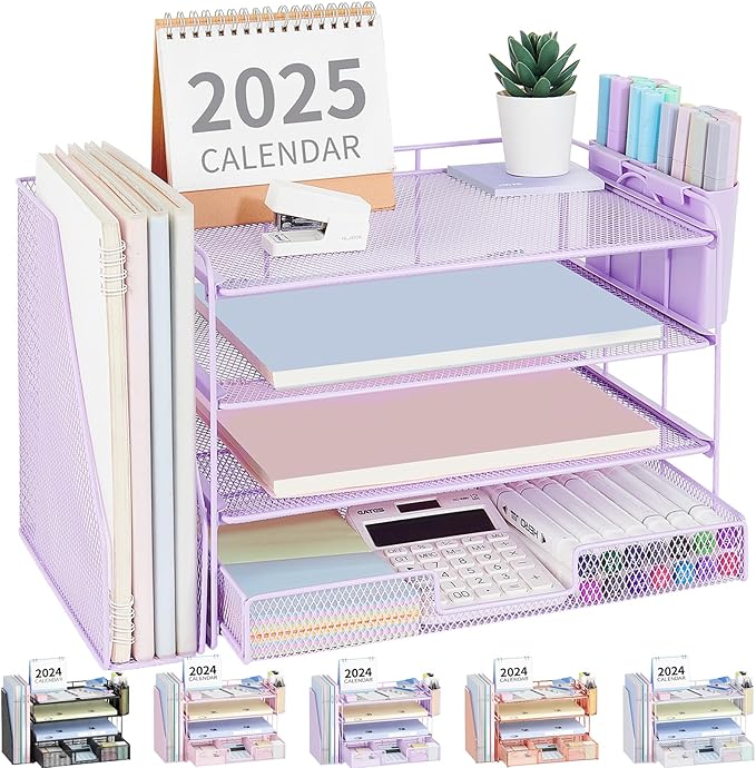 OPNICE Desk Organizer and Accessories, 4-Tier Desktop File Organizer with Drawer and 2 Pen Holders, Office Desk Accessories, File Sorters, Workspace Organizers for Office Supplies(Purple)