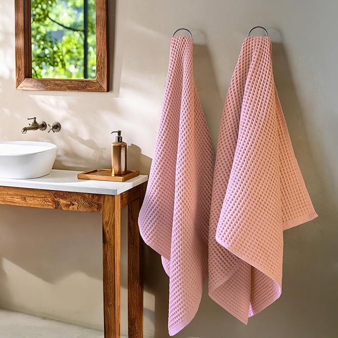PÜSKÜL - Premium Waffle Towel Set 4 Pieces Pink - Organic 100% Turkish Cotton Quick-Dry Towels for Bathroom Made in Turkiye (Pink Powder, Towel Set - 2 Hand & 2 Bath Towels)