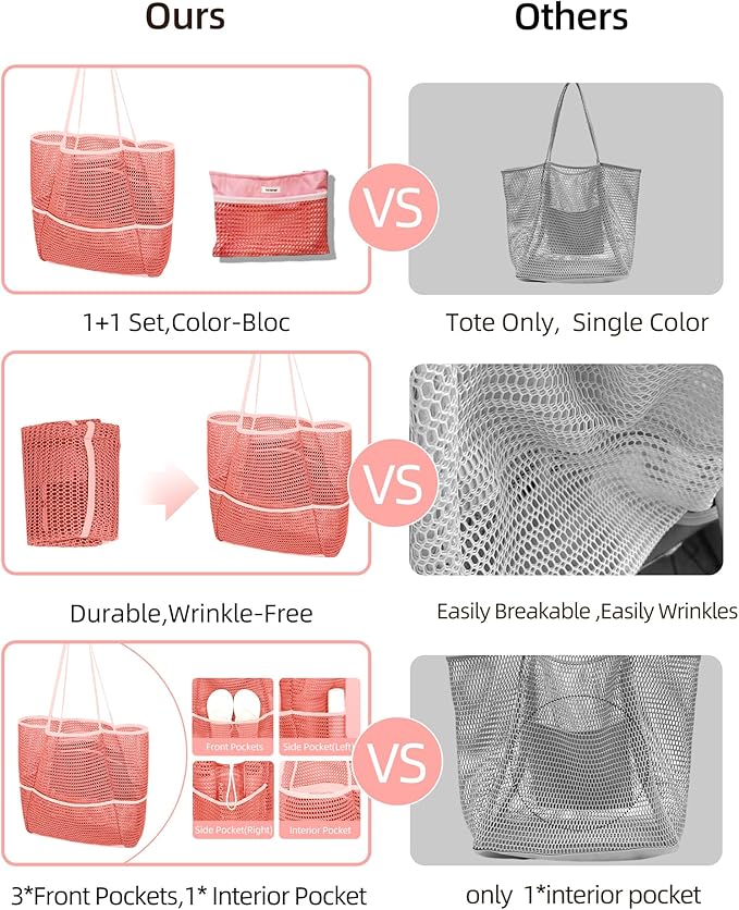 Mesh Beach Tote Bag Packable,2025 New 2-in-1 Large Lightweight Foldable Beach Bags with Multiple Pockets for Women