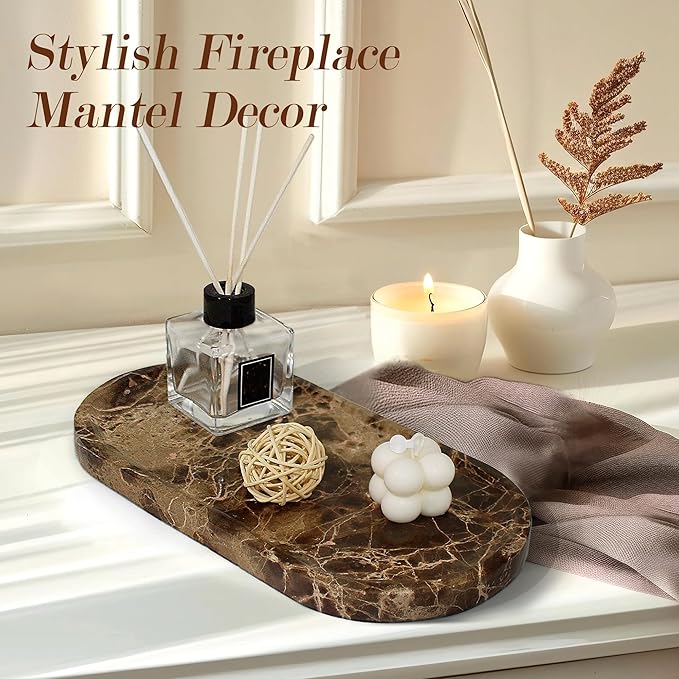 100% Real Natural Marble Tray for Bathroom, Luxury Dark Brown Stone Vanity Tray, Decorative Oval Trays for Countertop Storage, Organizer, Vanity, Dresser, Kitchen, Home Decor, 11.8" x 6", Brown