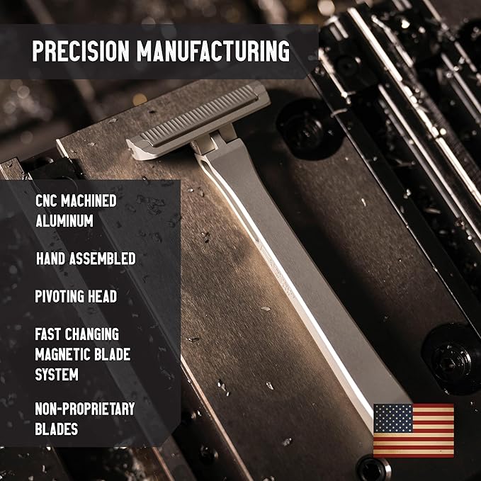PROOF Select Single Blade Razor for Men with Pivoting Head Made in USA - CNC Machined Aluminum Easy Blade Replacement - Includes Genuine Leather Travel Case, Suction Cup Holder and Safety Razor Blades