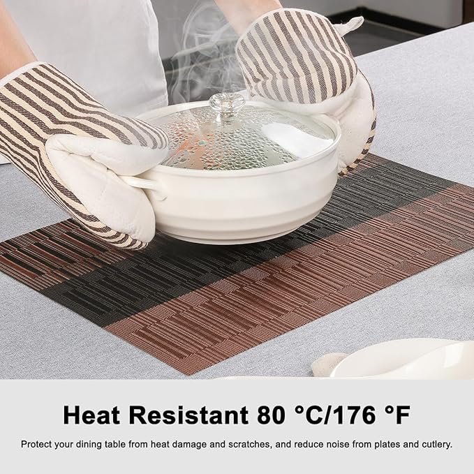 Placemats Set of 6, Vinyl Woven Place Mats Indoor Set of 6 Washable Wipeable PVC Table Mats Heat-Resistant Non Slip Plastic Placemat for Kitchen Dining Outdoor Table (Black Brown, Set of 6)