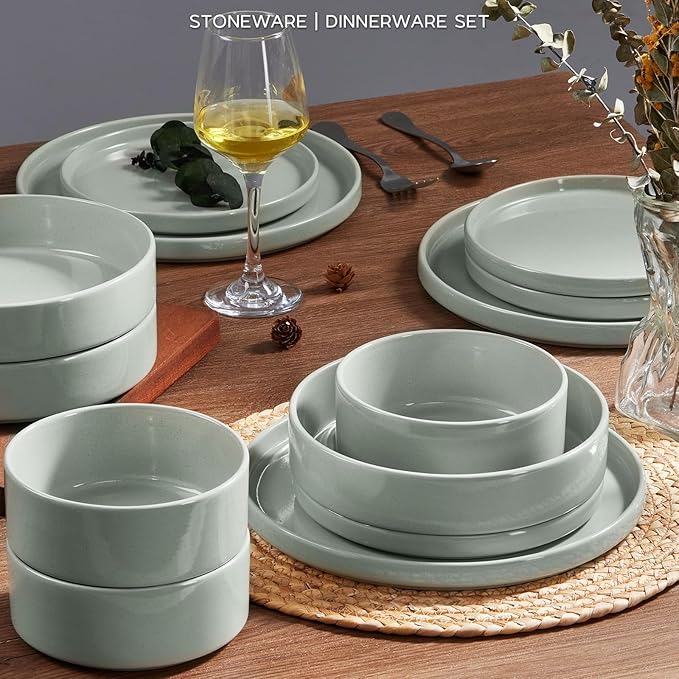 Onader Stoneware Dinnerware Sets for 6 with Double Bowl, 24 Piece Plates and Bowls Dish Dinner Set, Speckled Kitchen Dishware Tableware – Pale Sage Green