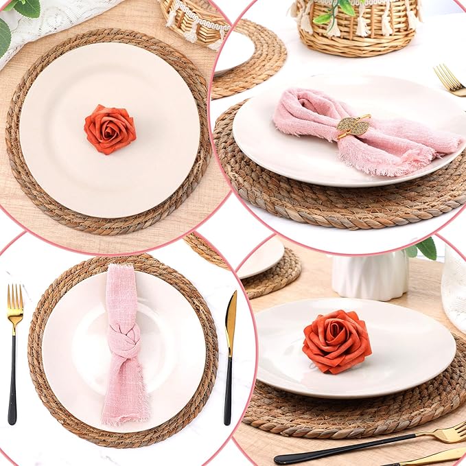 Set of 16 Round Woven Rattan Placemats, 12" Boho Farmhouse Table Mats Natural Cattail Charger Plates for Dining Table Decor Heat-Resistant Braided Place Mats