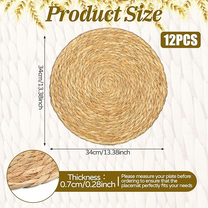 SHENLIU 12 PCS 13.5'' Round Rattan Placemats, Round Woven Placemats Plate, Boho Farmhouse Rustic Woven Place Mats for Dining Table Decor Rustic Home Decor Wedding Reception Farmhouse Christmas