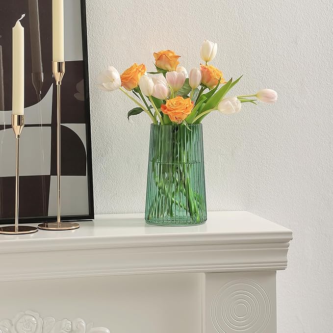 Green Glass Vase for Flower, Flower Vase for Bouquet, Modern Glass Vases, Ribbed Vases for Living Room, Bedroom, Dining Table, Office, Wedding, Centerpieces, 8 Inches