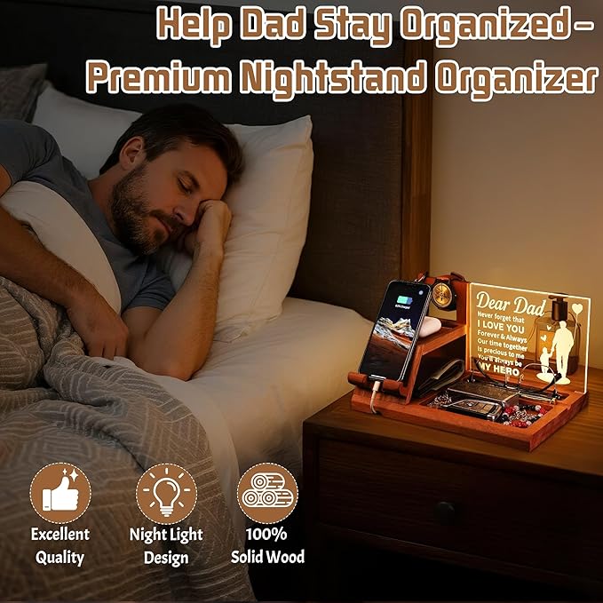 Attivolife Dad Gifts Idea LED Phone Docking Station Desk Organizer, Cell Phone Stand with Night Light, Best Dad Ever Gift for Father's Day, Key Holder, Stand for Wallet Watch Essentials