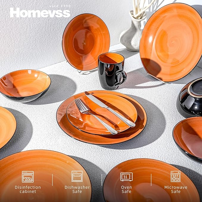 Sonoma 16 Piece Stoneware Dinner Set, Outside Black + Inside Handpainted Color Orange with speckle