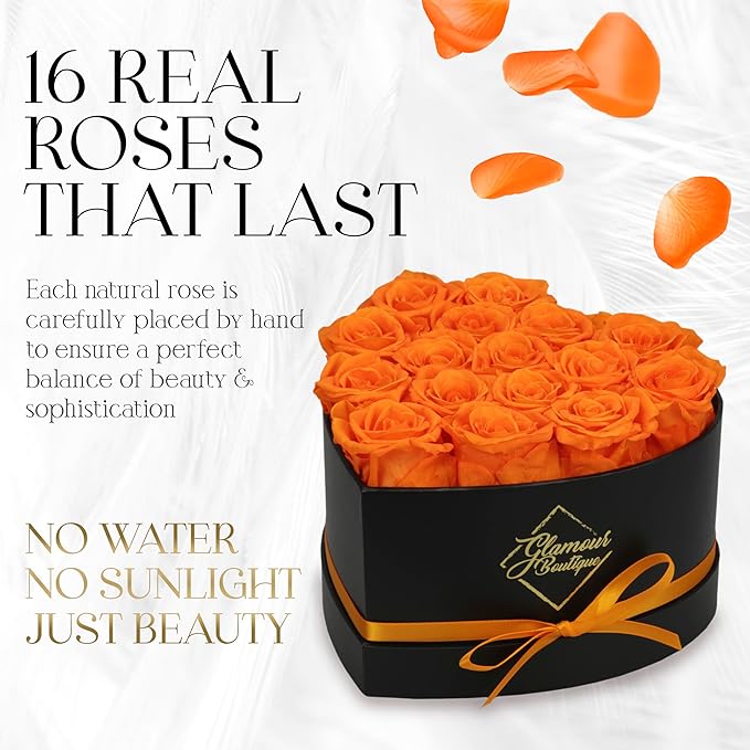 GLAMOUR BOUTIQUE 16 Flower Forever Heart Shape Box - Preserved Roses Gift for Her, Preserved Flowers, Orange