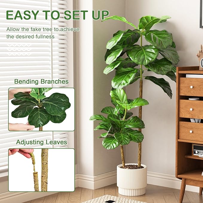 VECELO Artificial Fiddle Leaf Fig Tree 4FT(51in), Tall Fake Floor Plants with Realistic Leaves and Branches in Plastic Pot for Indoor Outdoor Living Room Home Decor
