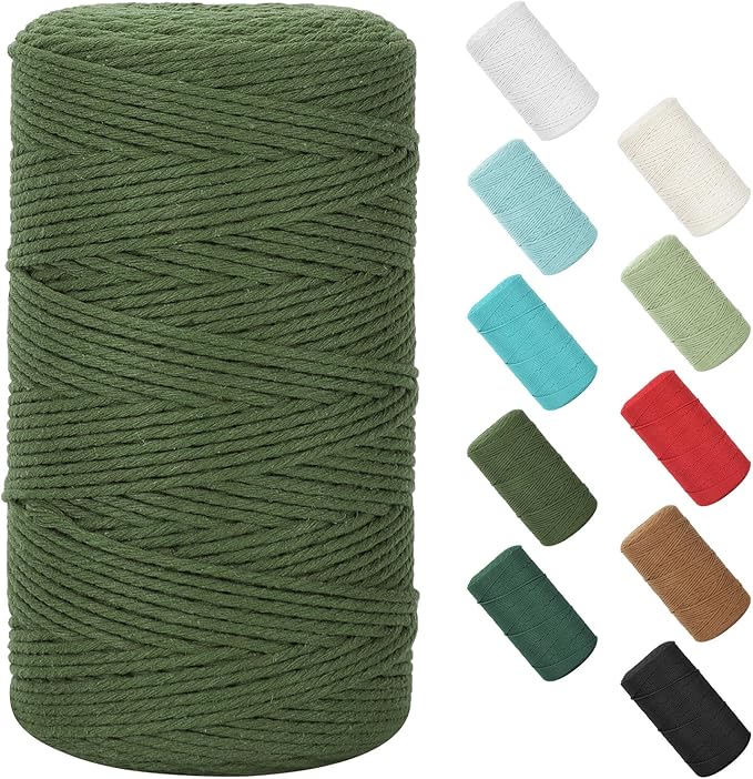 Macrame Cotton Cord - 2mm x 380Yards (1140Feet), Natural Cotton Macrame Rope - 2 Strands Twisted for Wall Hanging, Plant Hangers, Crafts, Gift Wrapping and Wedding Decorations, Army Green
