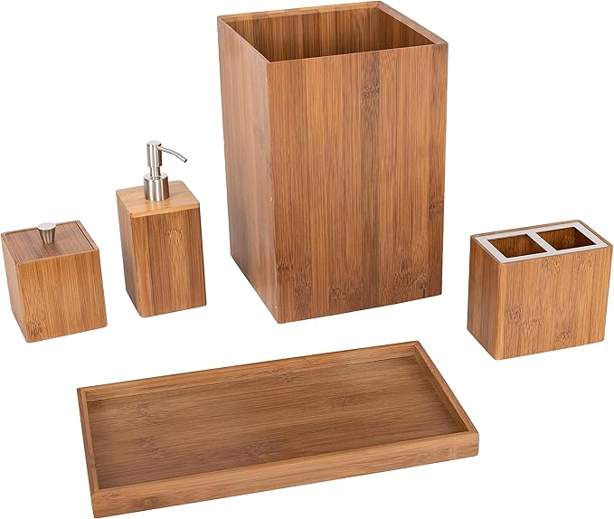Seville Classics Bamboo Eco-Conscious Bathroom Vanity Organizer Set Kitchen Home Over The Sink Trash Bin, Soap, Cotton Ball Holder, Towel Tray, 5 Piece, Bamboo