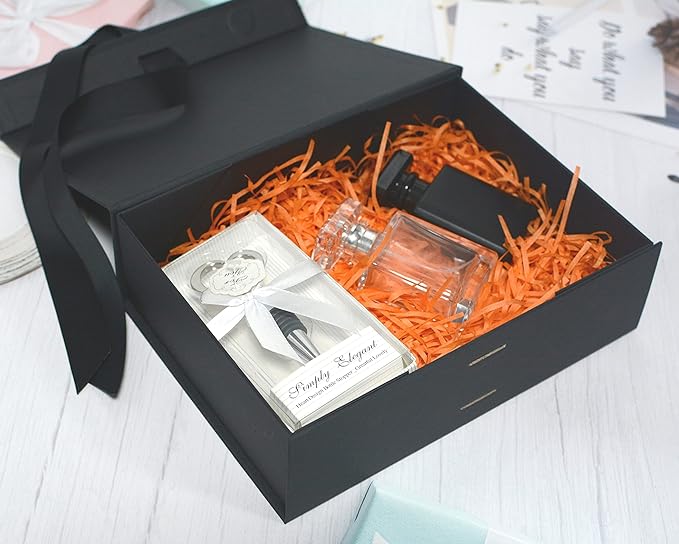 Black Luxury Magnetic Gift Box with Lid, Ribbons and Gift Bag, Medium Size-9.4x7x3 Inches, Great for Christmas, New Year, Wedding, Birthdays, Man