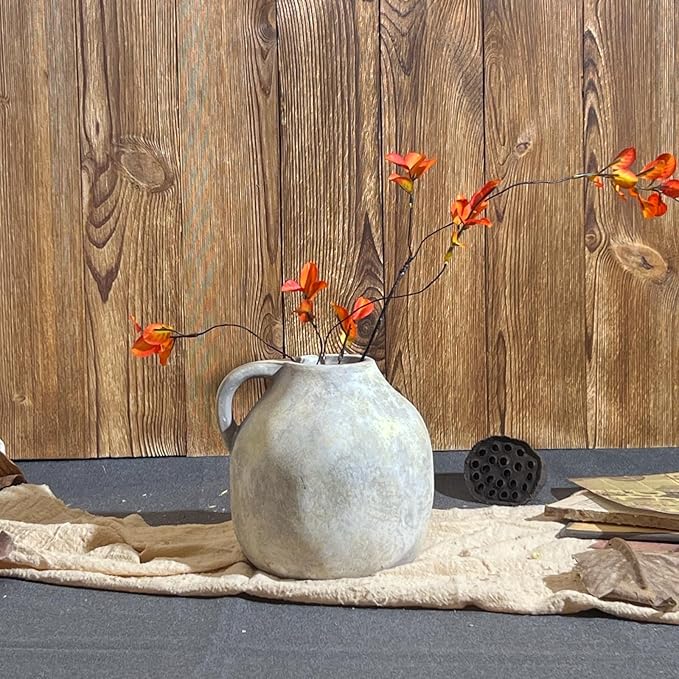 5.6 Inch Handmade Rustic Ceramic Vase with Handle, White Grey Vintage Farmhouse Vase, Pottery Flower Vase for Living Room, Office, Thanksgiving Centerpieces