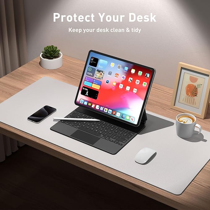 Aothia Large PU Leather Desk Pad Protector – Non-Slip Mouse Pad & Writing Mat for Office/Home, Waterproof, Easy to Clean (36" x 17", Pale Lavender White)