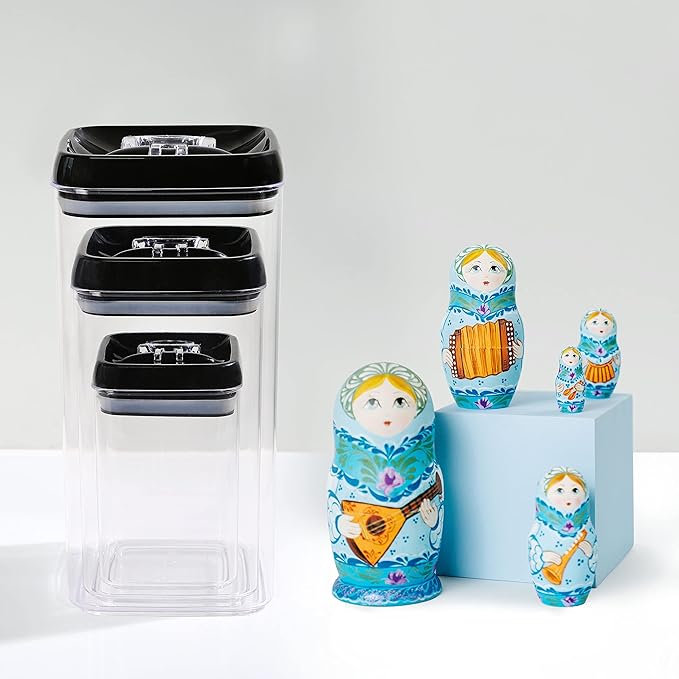 Felli Flip Tite Storage Container with Lid 6" XL Air Tight Ring Lock Top, Clear Acrylic Canister Set for Kitchen, Pet Cat Dog Food Treats (Nest-L, Black) NLQUA4-050(870191)