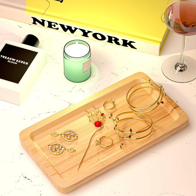 Small Bamboo Tray for Bathroom Countertop - Natural Wooden Bathroom Counter Tray Decor, Spa Skincare Make up Trays for Vanity or Dresser Tops, Neutral Home Decor Aesthetic, Soap Dish, 9 inch