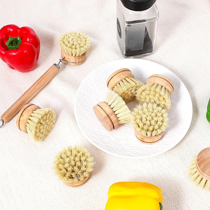 8 Pcs Wooden Dish Brush with Handle Bamboo Scrub Brush for Dishes with Dish Brush Replacement Head Dish Brush for Kitchen Cleaning Dishes