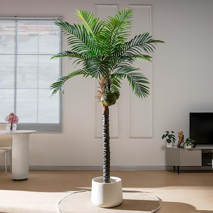 7.2FT Artificial Phoenix Palm Tree with Coconut Fruit Outdoor Indoor Decor Large Faux Coconut Silk Palm Tree Tropical Fake Tree Large Faux Sago Palm Plant for Home Yard Outside Patio Poolside