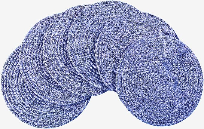 6 Pack Woven Placemats Large Table Mats, 13.8 inches Round Farmhouse Heat Dinner Plate Mat Set - Cotton Braided Placemats - Boho Charger Plate - Hot Pads Pot Holder Mats for Kitchen