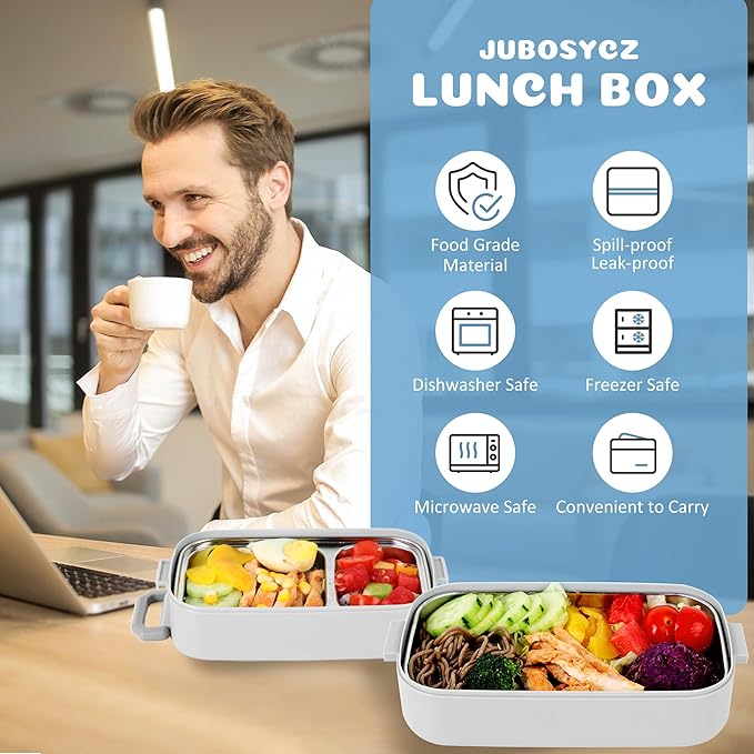 Bento Lunch Box for Kids Women Men, 47oz 2-Compartment Snack Salad Metal Food Prep Pack Container for Lunch, Stainless Steel 3 Layers Stackable Lunch Containers with Lids for Adults and Teens White