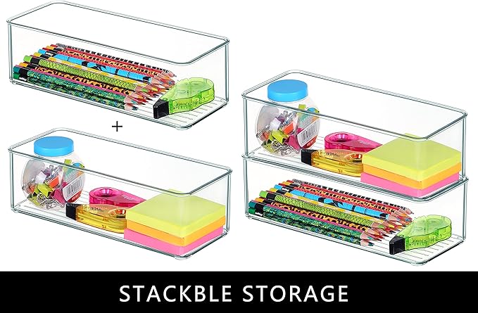 8 PACK Clear Organizer Bins Deep Drawer Organizer Bins Stackable for Cutlery Vanity Storage Bins for Bathroom Kitchen Office Desk Organizing