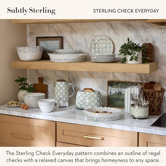 MACKENZIE-CHILDS Set of 3 Everyday Mixing Bowls, Small, Medium, and Large Stoneware Bowls for Kitchen Use, Gray-and-White Sterling Check