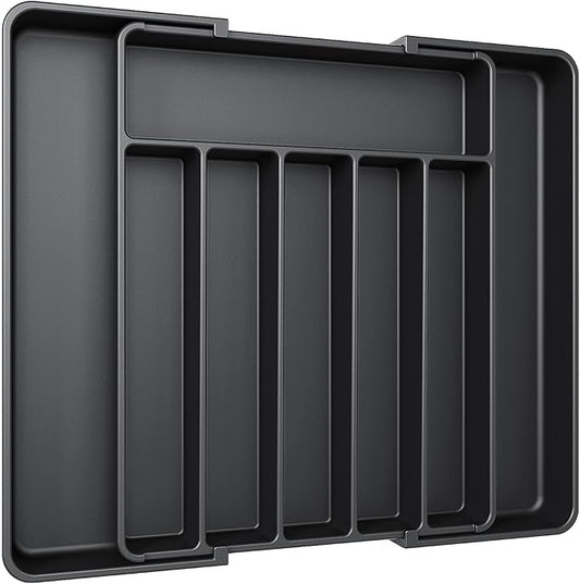 Aujen Silverware Organizer - Expandable Kitchen Drawer Organizer, Adjustable Utensil Organizer, Cutlery Tray for Forks, Knives, Multipurpose Kitchen Organizers and Storage Solution, Black, Large