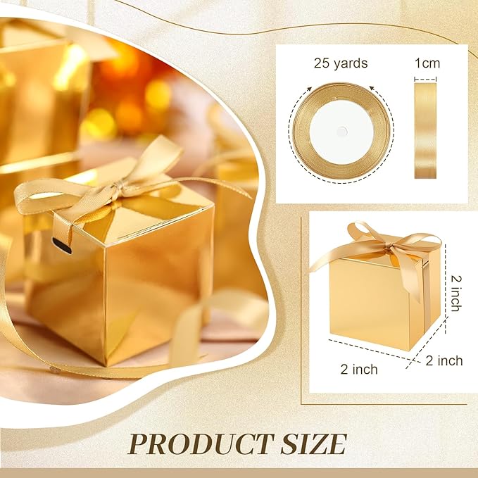 48 Pcs Christmas Gift Boxes with Ribbon Small Party Favor Boxes with Lids Mini Treat Candy Container for Wedding, Party, Birthday, Valentine's Day and More(Gold,2 Inch)