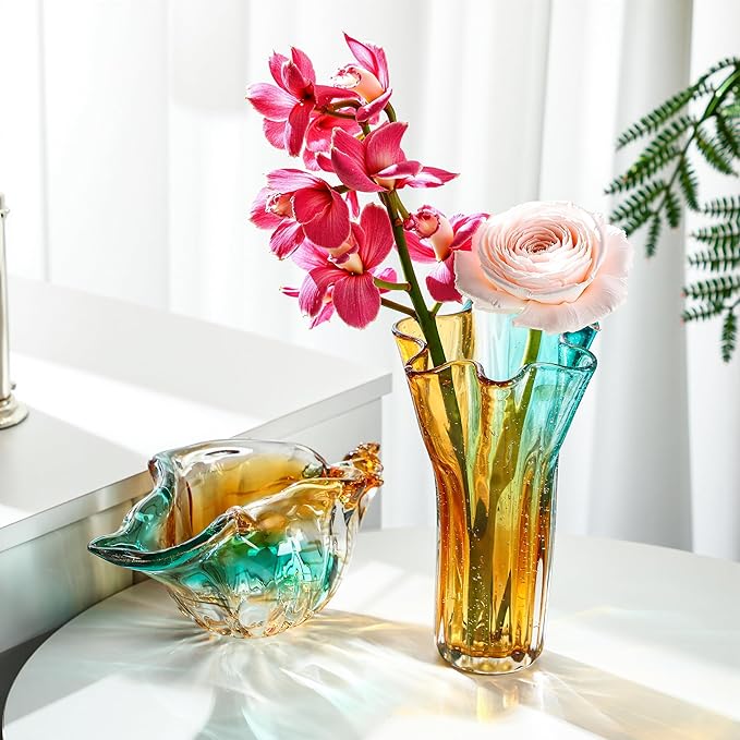 8.5" Blown Glass Vase for Flowers, Modern Ombre Glass Vase for Home Decor, Flower Vases Decorative | Table Centerpiece, Olive Plant, Wedding, Living Room, Bookshelf, Office, Entryway