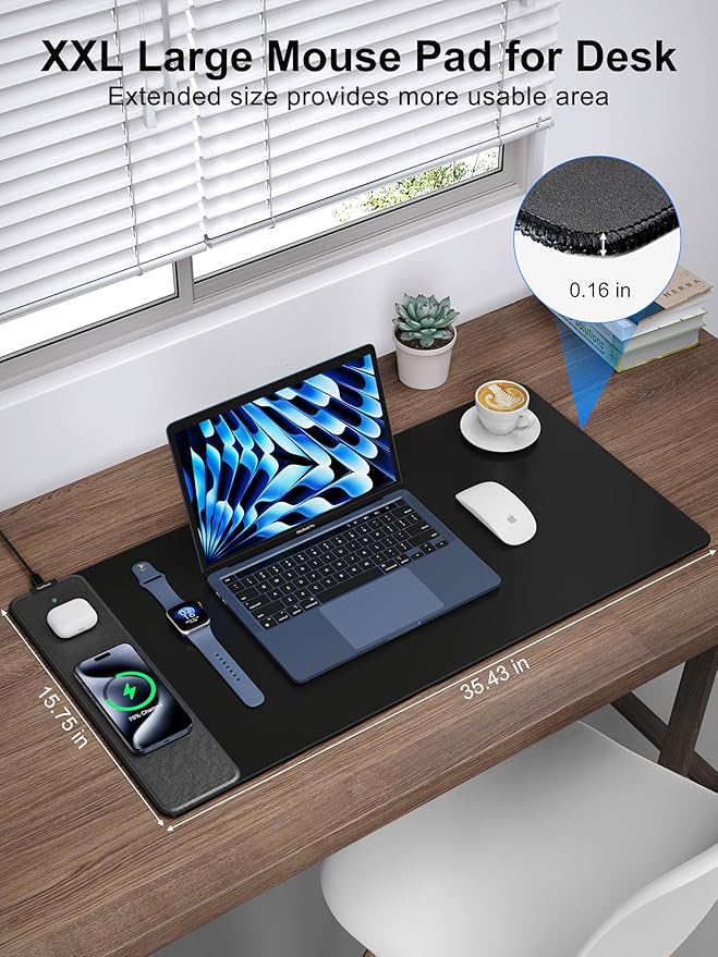TopMade Mouse Pad with 15W Fast Wireless Charging, 35.43"x15.75" XXXL Large Gaming Mousepad, Waterproof Desk Pad, Classic Black Computer Desk Mat(Includes 20W PD Power Adapter & 6.56ft Woven Cable)