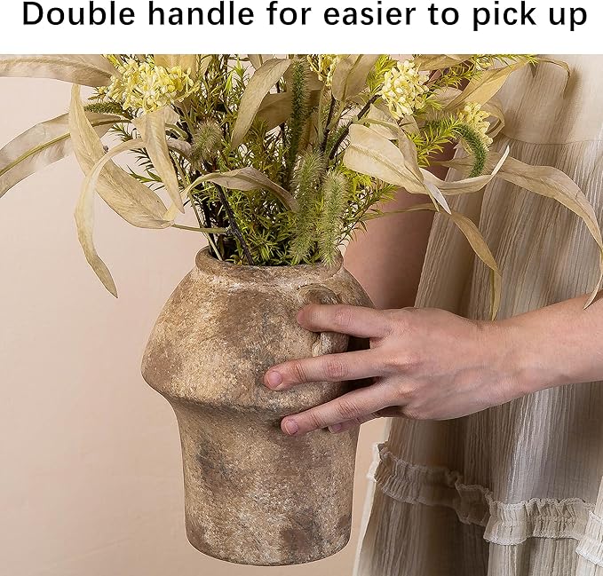 Christmas Decorative Vase, Ceramic Rustic Flower Vases, 7 Inch Terracotta Vintage Vases with Hadle for Home Decor, Farmhouse Living Room Shelf Decor Farmhouse Table, Lyeec