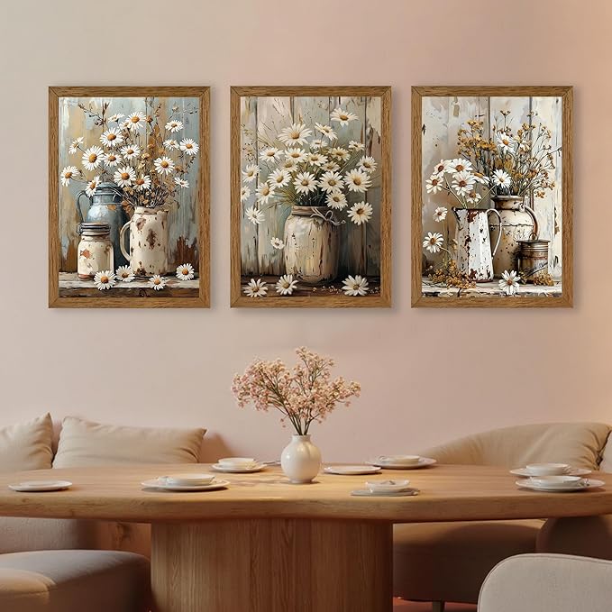 InspiredHues 3 Piece Elegant Farmhouse Canvas Wall Art, Vintage Floral Pictures Wall Decor, Nature Themed Daisy Artwork Prints for Living Room Bedroom Kitchen Home Decoration 16x24 Inch Wood Framed
