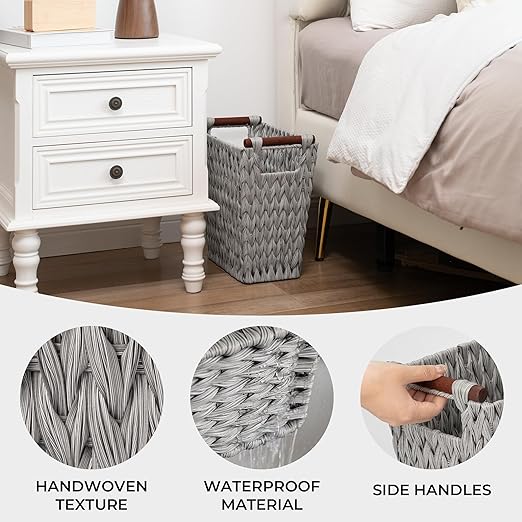 GRANNY SAYS Woven Waste Basket, Gray Wicker Basket with Wood Handles, Wicker Waste Basket for Bathroom Living Room, 2-Pack, 13" x 7 ½" x 12 ½"
