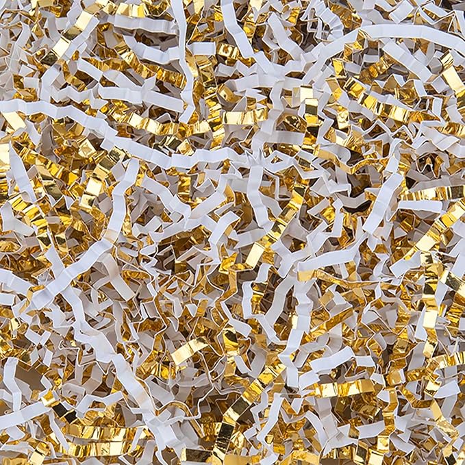 8.5oz Crinkle Paper Filler, Gift Baskets Gift Boxes Crafts Shredded Cut Paper Packaging Decorative Stuffing & Cushioning Confetti for Easter Birthday Wedding Party Favor Gold White