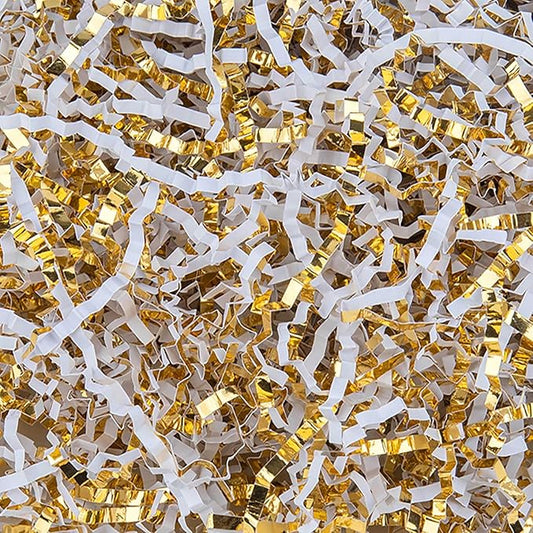 8.5oz Crinkle Paper Filler, Gift Baskets Gift Boxes Crafts Shredded Cut Paper Packaging Decorative Stuffing & Cushioning Confetti for Easter Birthday Wedding Party Favor Gold White