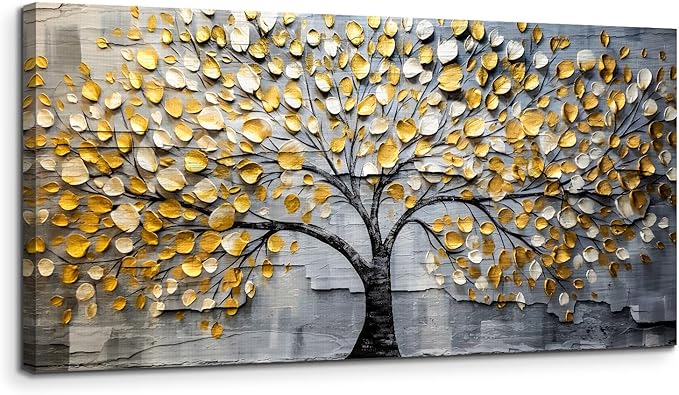 crmotu Tree of Life Large Wall Art, Neutral Golden Tree Canvas Art Prints, Gray and Gold Modern Home Decor Aesthetic Painting, Abstract Pictures Wall Decor Living Room Bedroom Bathroom Office 20"X40"