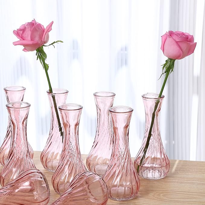 Set of 24 Glass Vase, Pink Bud Vases in Bulk with Lace for Floral Arrangements, Events, Home Decor Weddings, Table Centerpiece