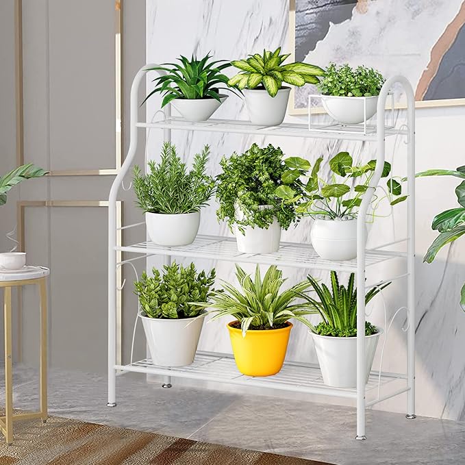 SORCEDAS Plant Stand Indoor Outdoor Plant Shelf 3 Tier Metal Corner Flower Stand Multiple Holder for Patio Garden Balcony Living Room, White