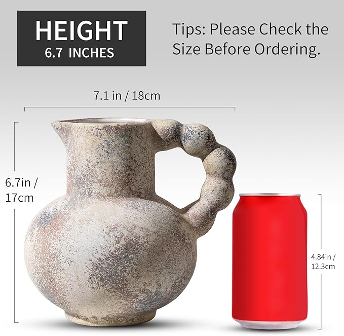 Antique Flower Ceramic Vase with Handle, Vintage Pitcher Terracotta Vases, Boho Decor Farmhouse Stone Pottery Vases, Rustic Decorative Vase for Home Decor, Table, Living Room, Mantel, Wedding 6.9 Inch