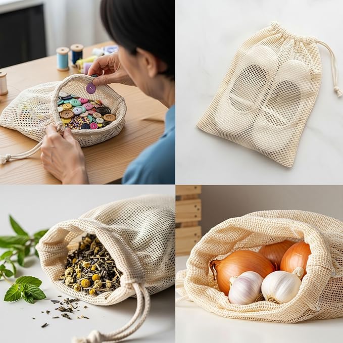 Organic Cotton Mesh Produce Bags – Large Reusable Grocery Bags (4 Pack) | Washable, Lightweight & Breathable Storage for Fruits, Vegetables, Bulk Foods & Zero Waste Living 10"x18"