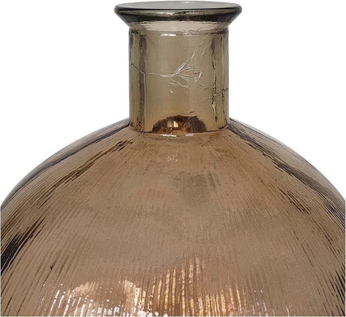 Deco 79 Recycled Glass Handmade Decorative Vase Spanish Bottle Neck Ribbed Centerpiece Vase, Flower Vase for Home Decoration 13" x 13" x 17", Brown