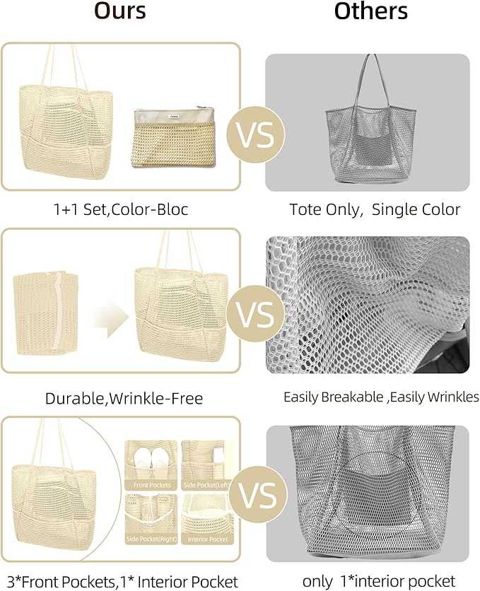 Mesh Beach Tote Bag Packable,2025 New 2-in-1 Large Lightweight Foldable Beach Bags with Multiple Pockets for Women